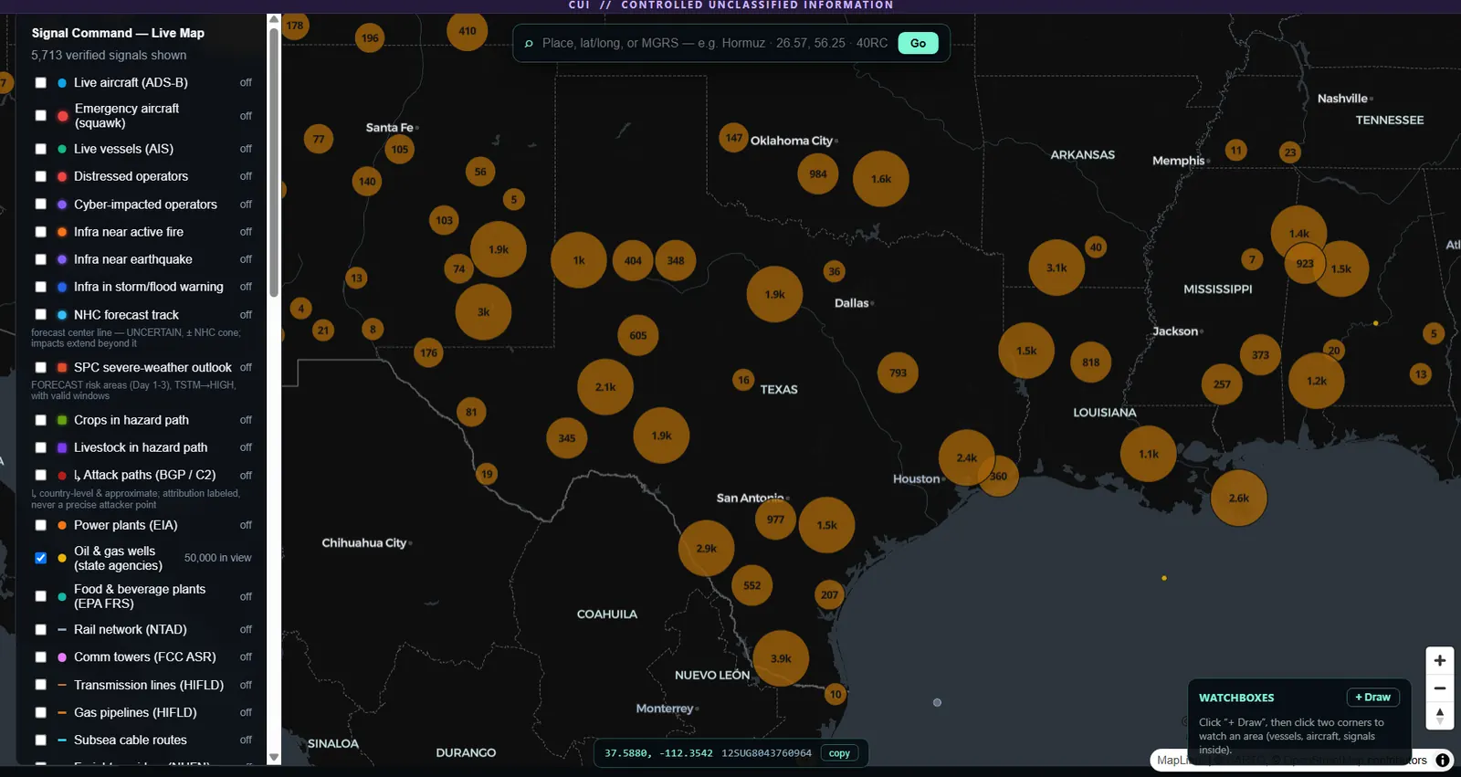 Signal Command live map with verified signal clusters concentrated over a watch area.
