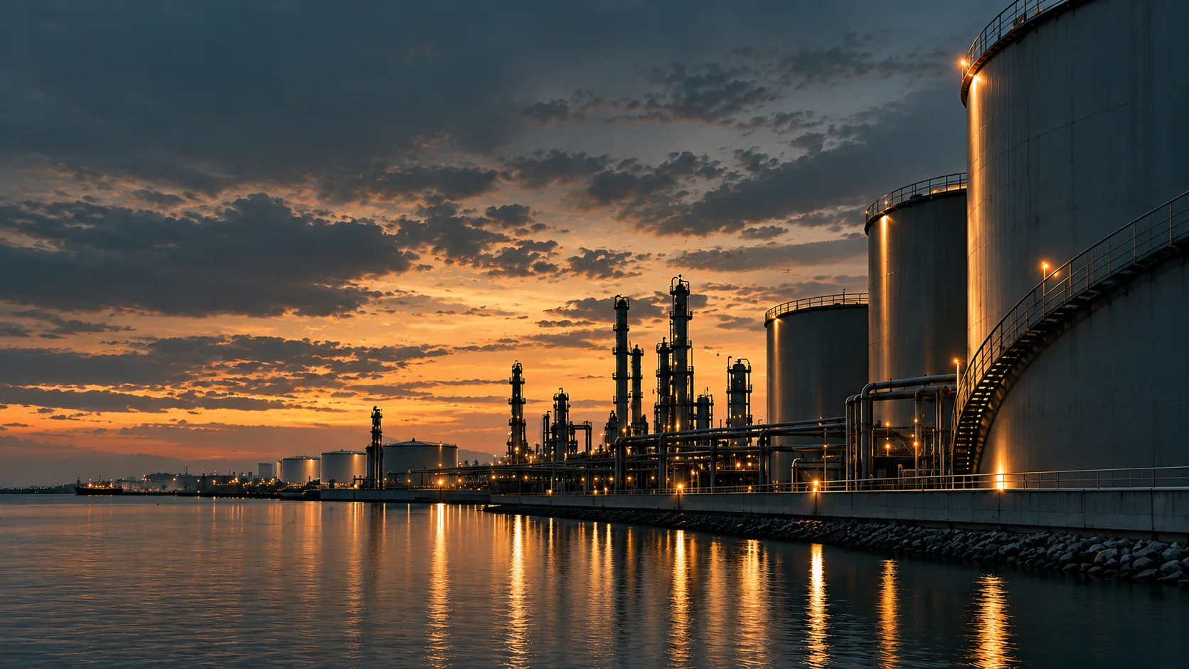 A bulk liquid storage terminal and process towers silhouetted against an orange dusk sky, reflected in the water alongside.